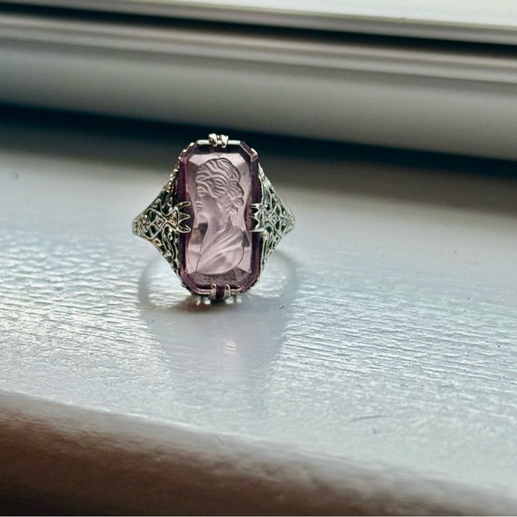 Sterling Silver Pink Cameo Ring Sz 6.5 Vintage Style Filigree Lady Profile 925 - Picture 2 of 8